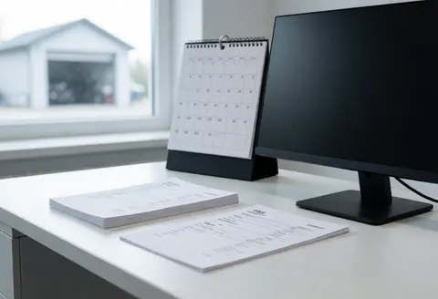 White desk with computer, calendar, and invoices, window with garage in the background, professional and clean atmosphere.