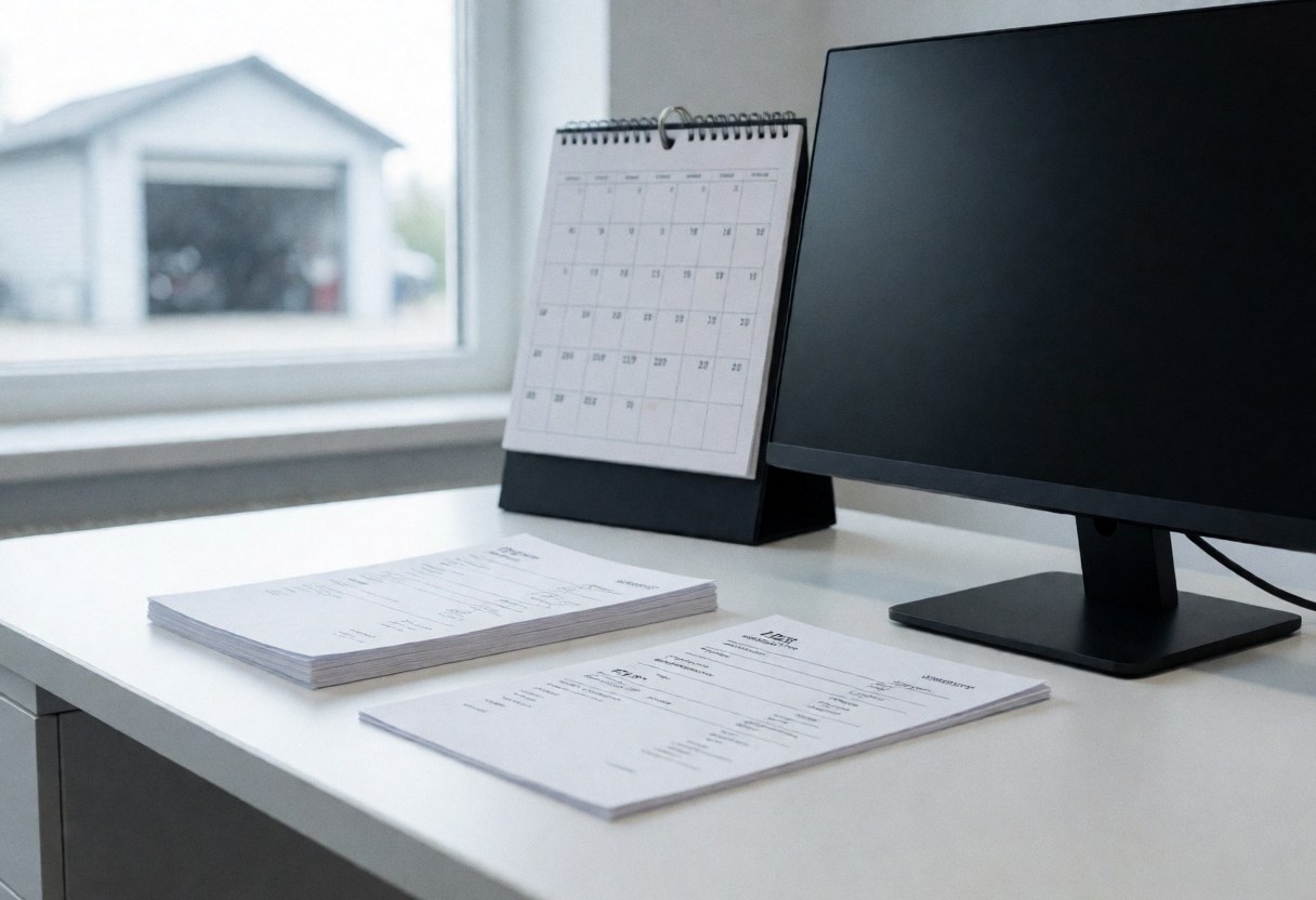 White desk with computer, calendar, and invoices, window with garage in the background, professional and clean atmosphere.