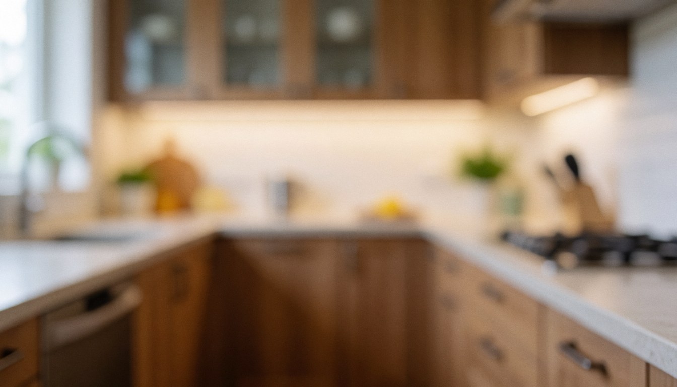 Modern kitchen featuring wooden cabinets, a white countertop, and warm ambient lighting with a blurred background suitable for text overlays