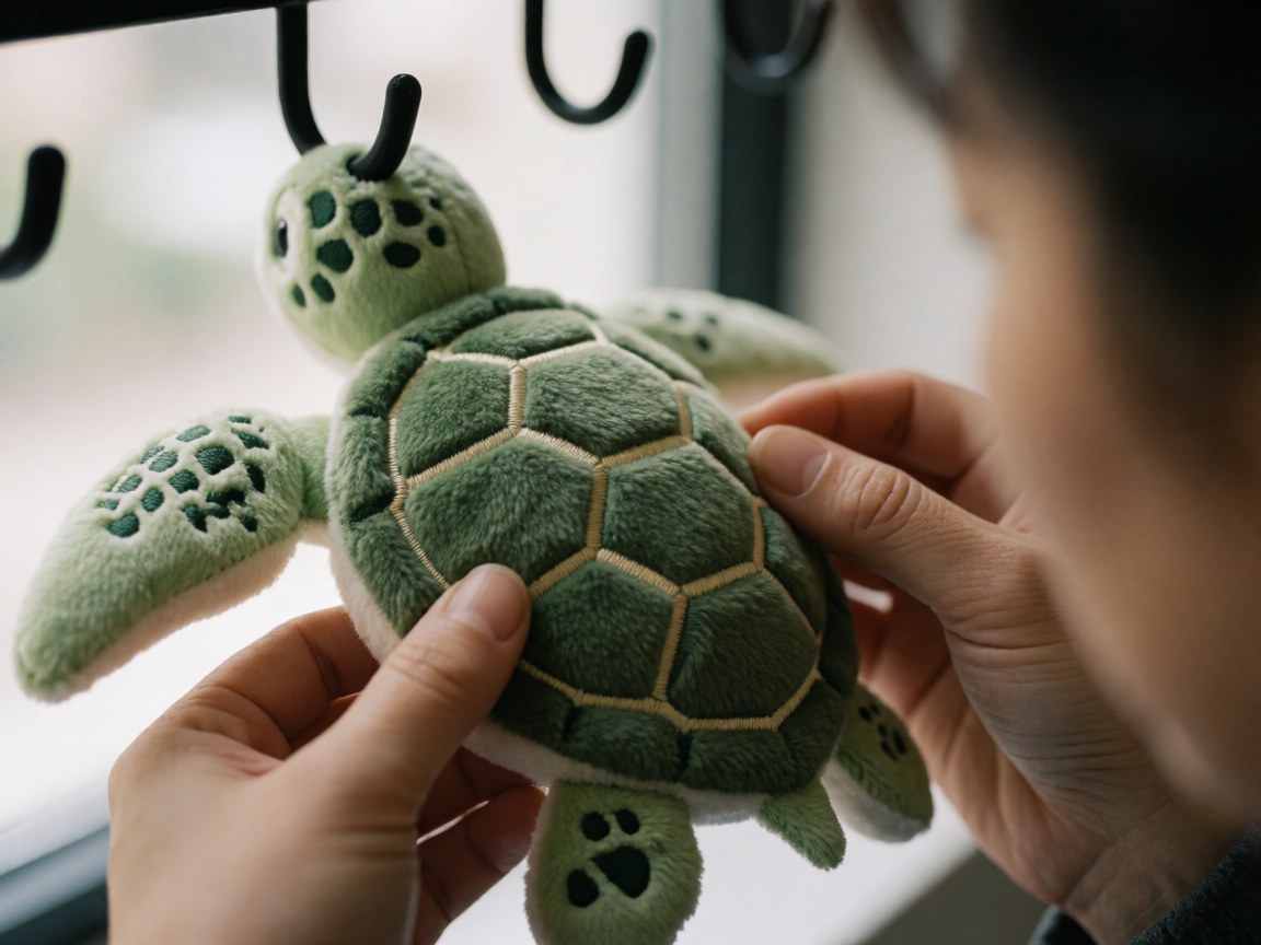 Close-up of a green embroidered turtle plush hanging on a black hook with hands adjusting its position against a blurred natural light background