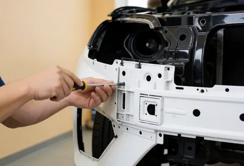 Close-up of a hand using a screwdriver to adjust a white bumper clip on a black car in a workshop.