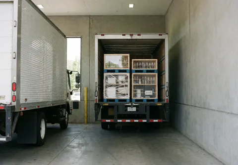 Workers loading pallets of glassware and boxes onto trucks in a warehouse with concrete walls and natural light