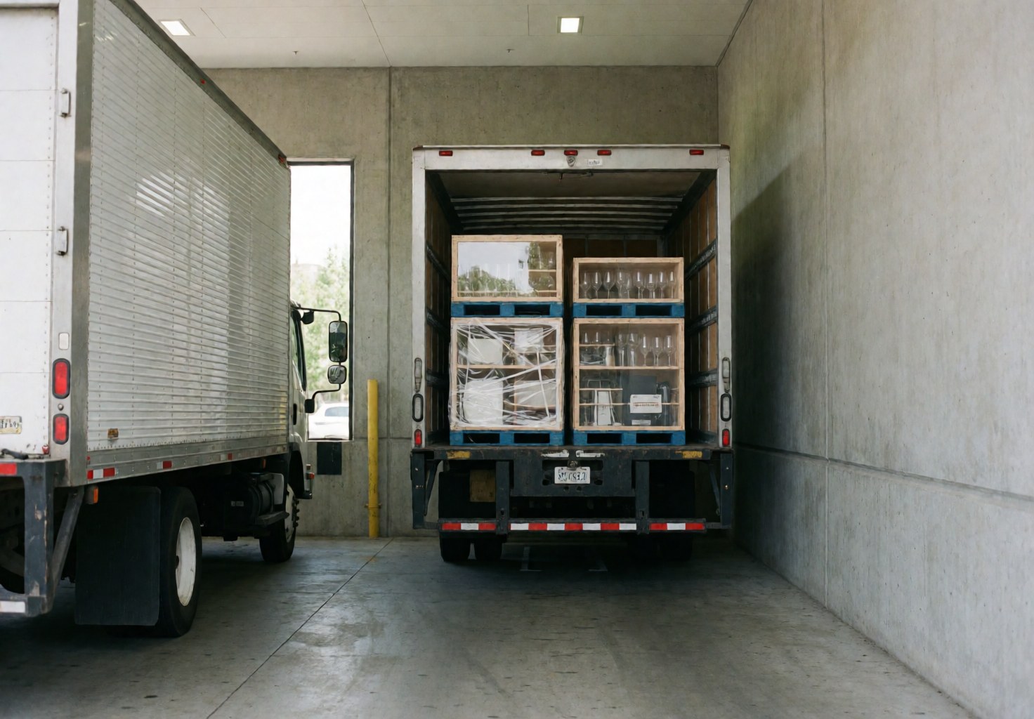 Workers loading pallets of glassware and boxes onto trucks in a warehouse with concrete walls and natural light