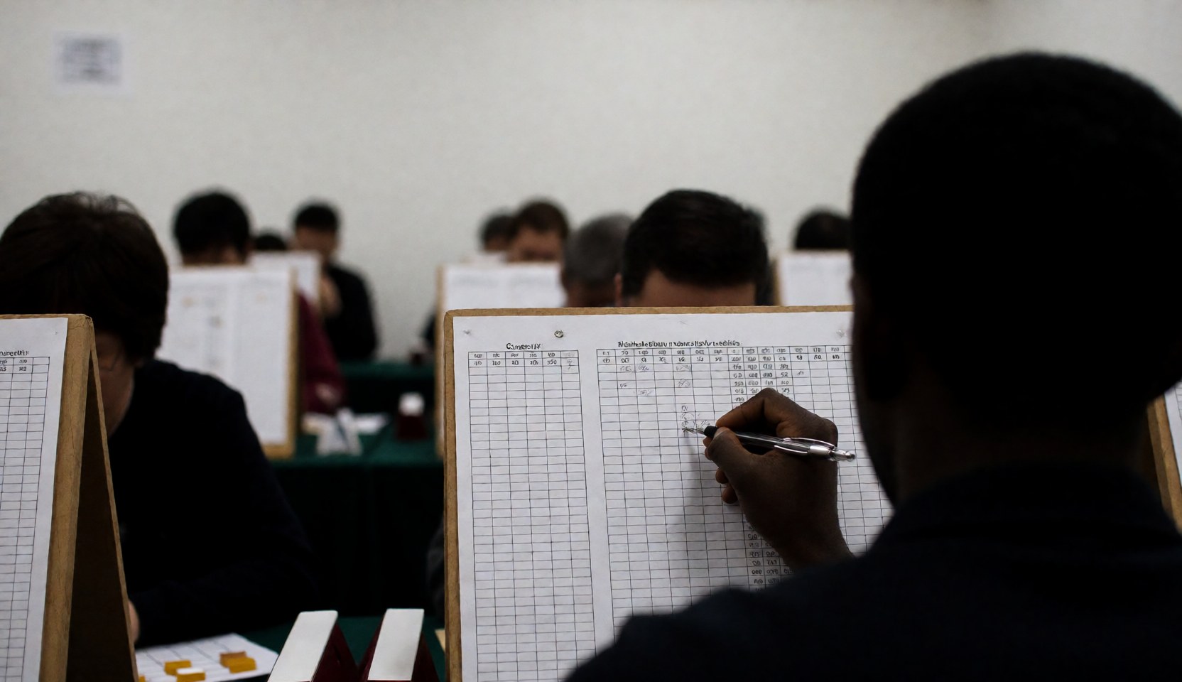 A chess player writing on a board during a tournament with other players and boards in the background under realistic lighting