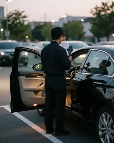 Driver with mounted phone in black car at sunset in parking lot with interior lights on and blurred background