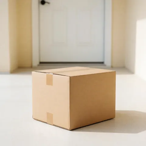 Sealed cardboard box with tape ready for delivery on porch floor with beige walls and blurred white door