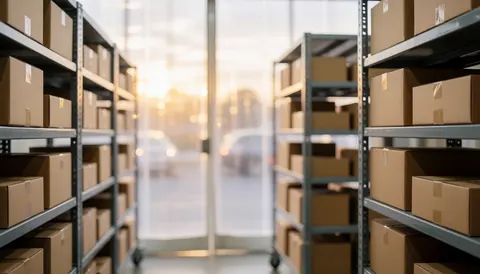 Metal shelving units filled with cardboard boxes in a warehouse, featuring warm lighting near the entrance and a blurred background suitable for text overlay.