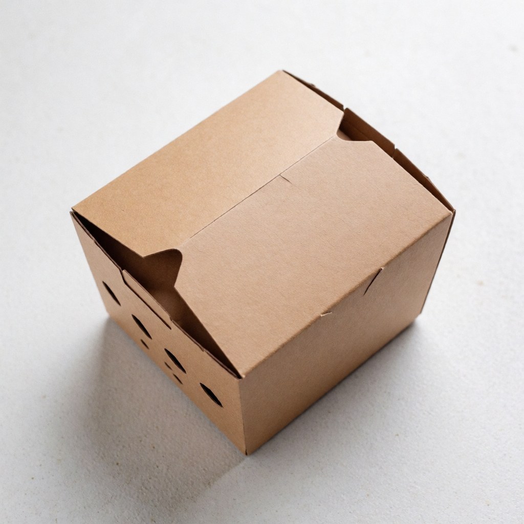Brown cardboard box with ventilation slots on a white surface, designed for clean and functional last-mile food delivery logistics