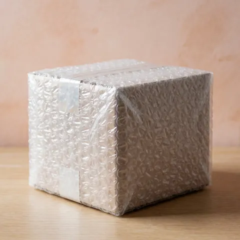 Cardboard box wrapped in clear bubble wrap and secured with tape, resting on a light wooden surface, ideal for safe last-mile delivery of fragile items.