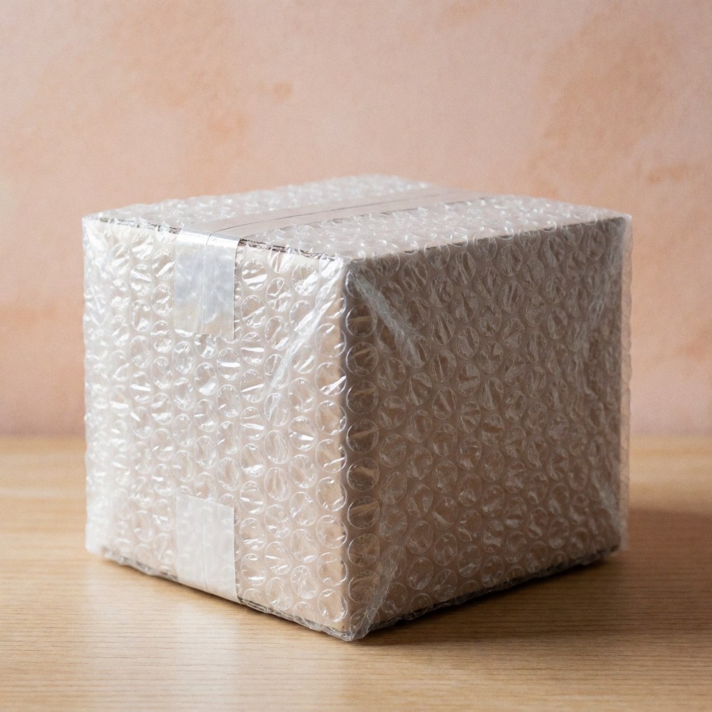 Cardboard box wrapped in clear bubble wrap and secured with tape, resting on a light wooden surface, ideal for safe last-mile delivery of fragile items.