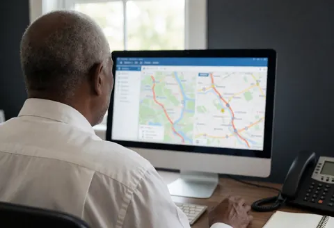A man looks at route maps on a computer screen with a phone and notebook on his desk near a window.