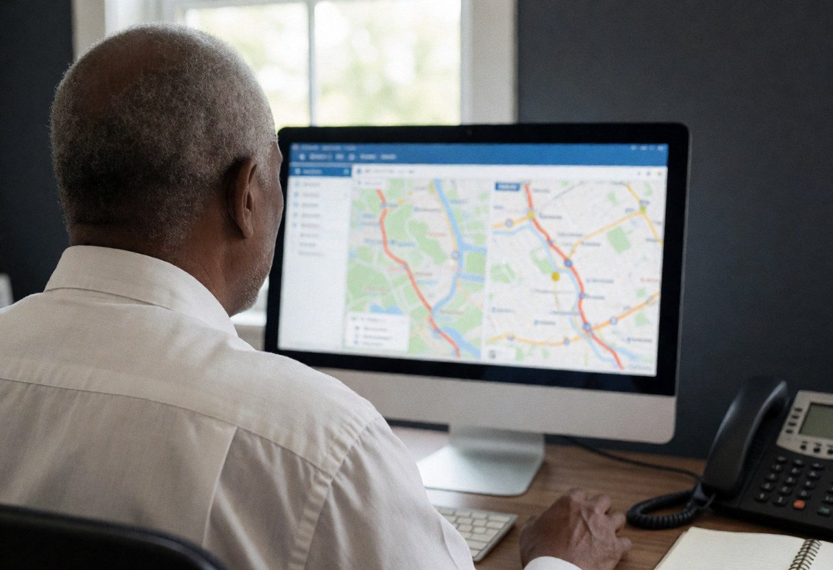 A man looks at route maps on a computer screen with a phone and notebook on his desk near a window.