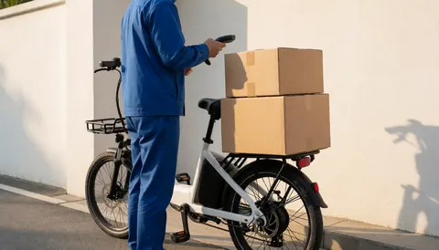 Courier in blue uniform scanning boxes while loading white electric bike near white wall at sunset
