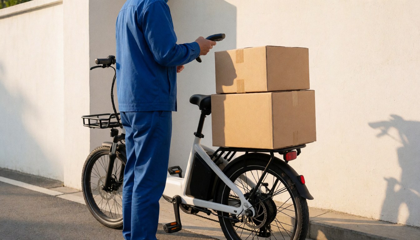 Courier in blue uniform scanning boxes while loading white electric bike near white wall at sunset