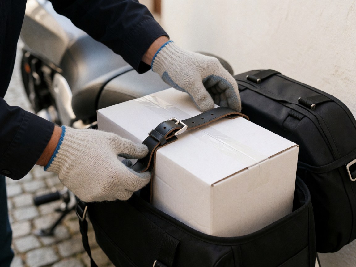 Close-up of a gloved hand securing a white box inside a black motorcycle bag on a cobblestone surface with natural lighting
