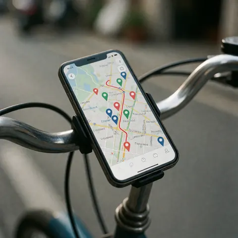 Smartphone mounted on a bicycle displaying a map with delivery routes and location pins for last-mile logistics services
