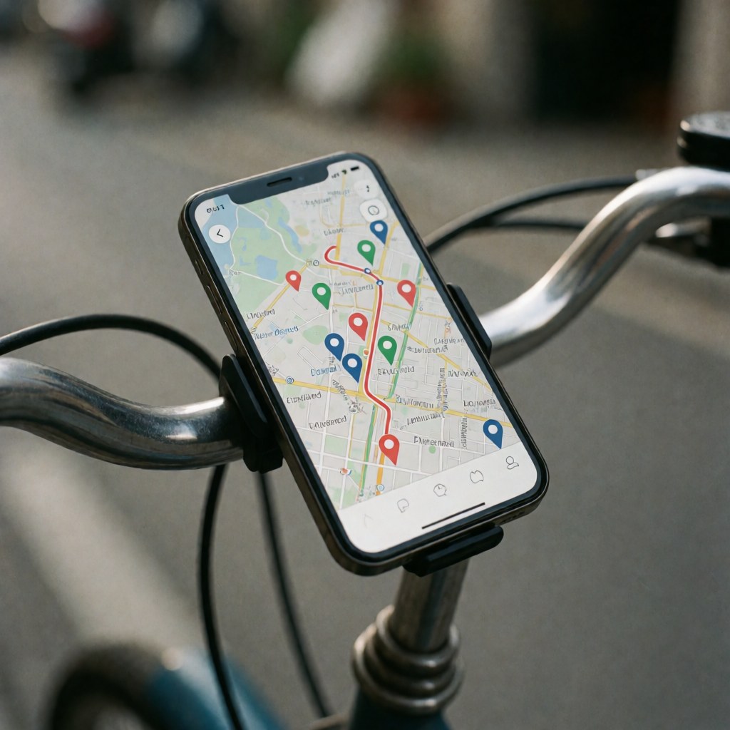 Smartphone mounted on a bicycle displaying a map with delivery routes and location pins for last-mile logistics services
