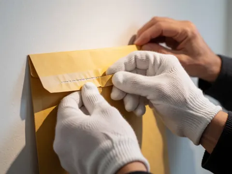 Close-up of gloved hands opening a taped mail envelope on a white background with warm professional lighting