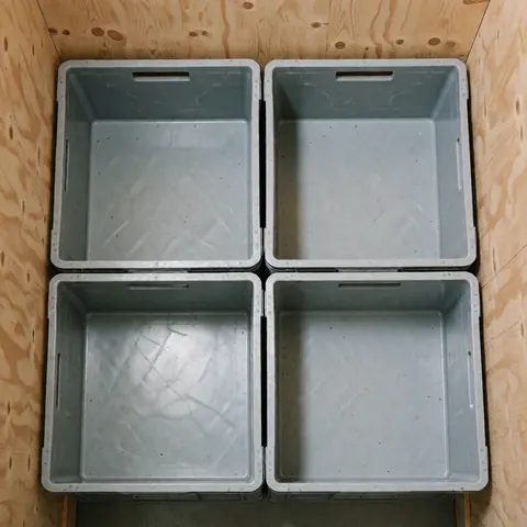 Four clean empty gray boxes stacked on a wooden floor for last-mile logistics and industrial storage