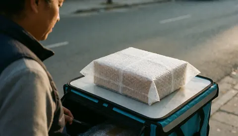 A bubble wrapped package resting on a delivery box in an urban setting during sunset