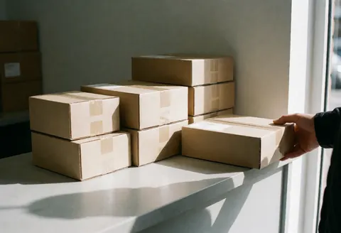 A hand grabs a package box from a white counter with stacked boxes nearby and natural light from a window