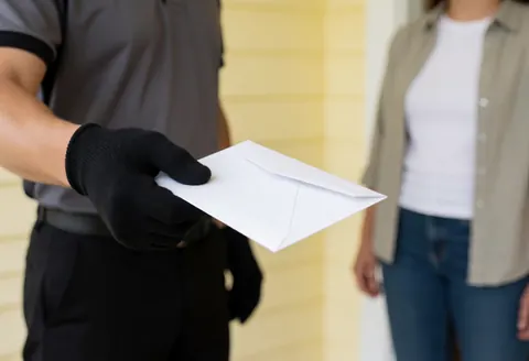 A hand holding a white envelope in front of a bright yellow wall, with a person standing in the background observing the delivery process.