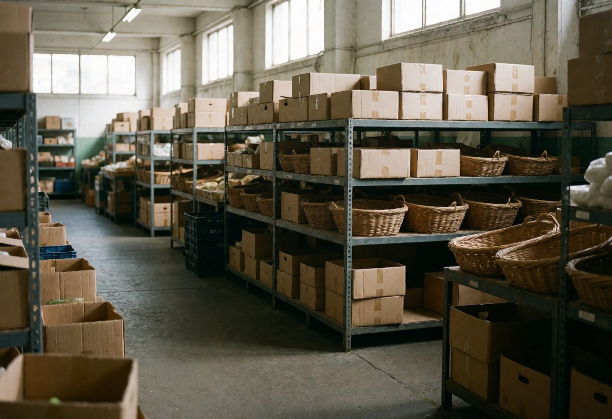 Logistics warehouse interior featuring metal shelving units stocked with cardboard boxes and wicker baskets, illuminated by natural light from high windows.
