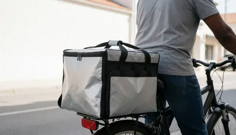 Cyclist with thermal bag on bicycle ready for last-mile delivery on street