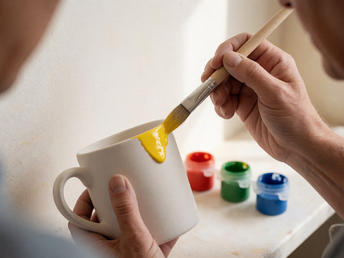Close-up of a brush applying yellow glaze to a white ceramic cup with blurred colorful paints in the background