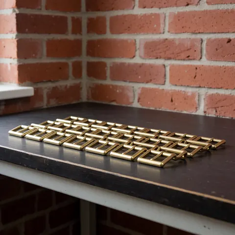 Shiny and uniform metal buckles arranged on a dark workbench with a red brick wall background and professional lighting