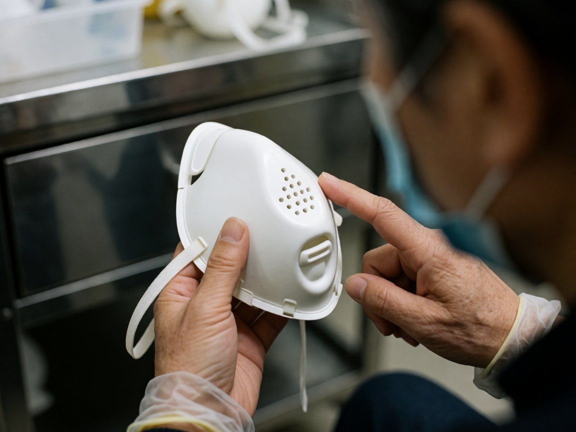 A professional wearing gloves inspects a white medical mask with ventilation holes in a clinical setting with a metallic background.