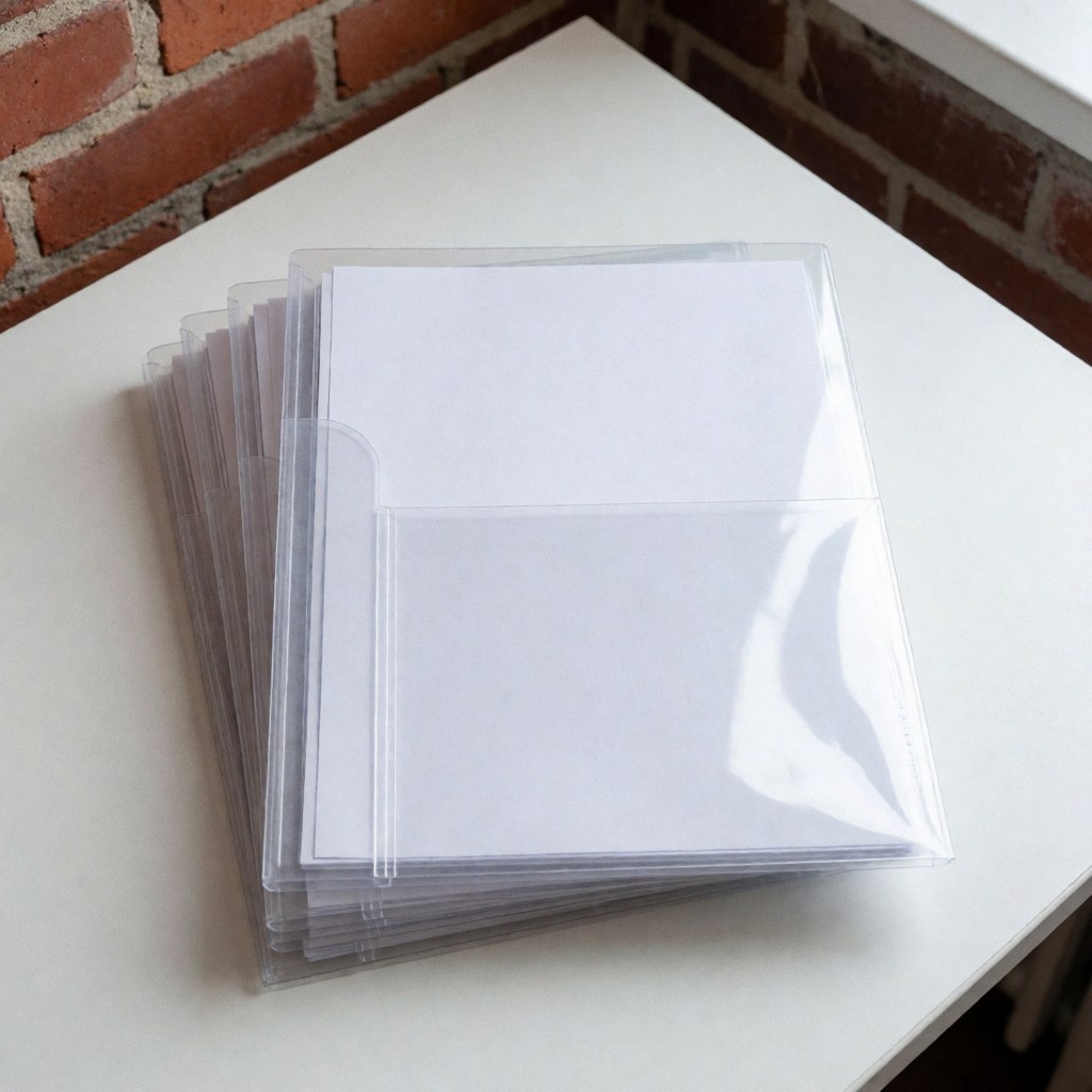 Clear plastic document folders with white papers on a white table against a red brick wall with natural lighting