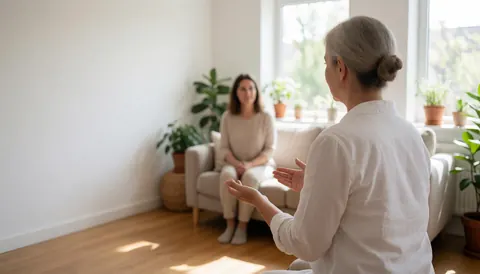 Homeopathy professional with open gesture standing in bright room with beige sofa and plants