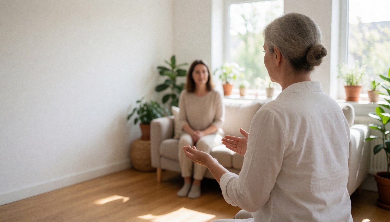 Homeopathy professional with open gesture standing in bright room with beige sofa and plants