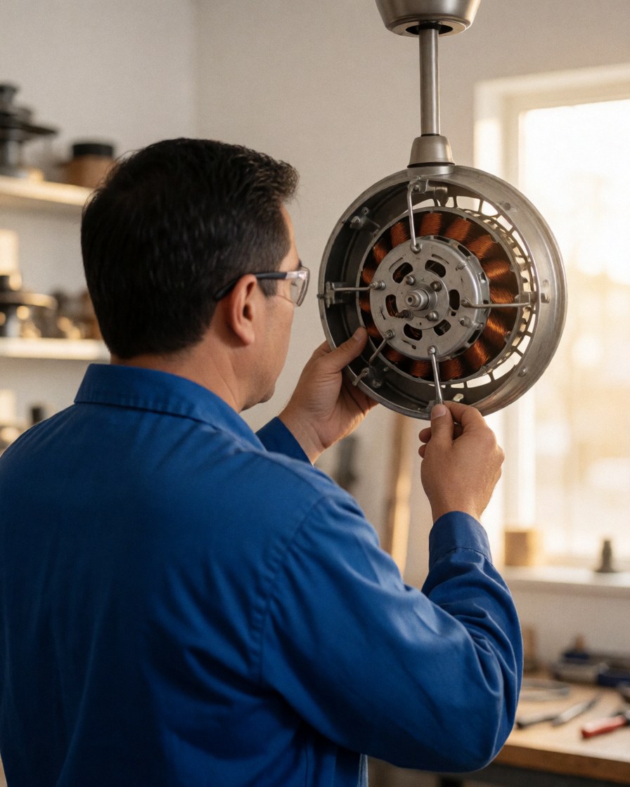 Technician checking the motor of a hanging fan in a workshop with tools and parts in the background.