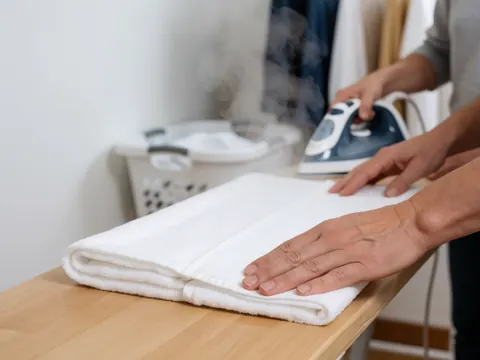 Close-up of a hand folding a white towel while a steaming iron rests nearby on an ironing board, highlighting hotel housekeeping details.