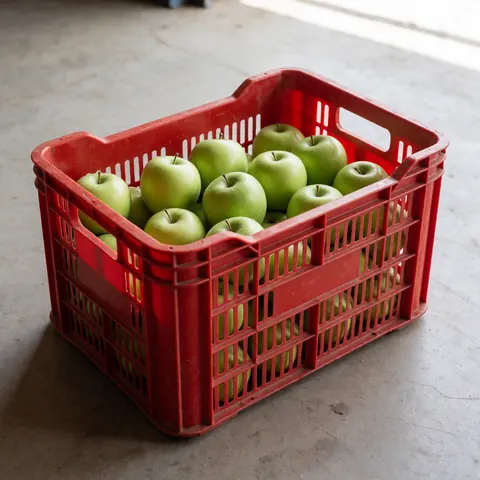 Red ventilated plastic crate filled with fresh green apples resting on a concrete floor, illuminated by natural light.