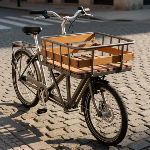 Empty wooden basket cargo bike parked on a cobblestone street with sunset light, ideal for last-mile logistics