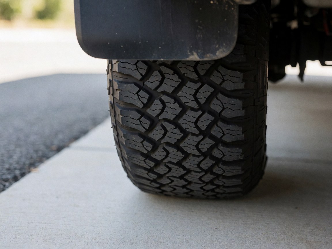 Close-up view of a truck tire tread pattern on concrete with blurred asphalt background and natural light highlighting the rubber texture.