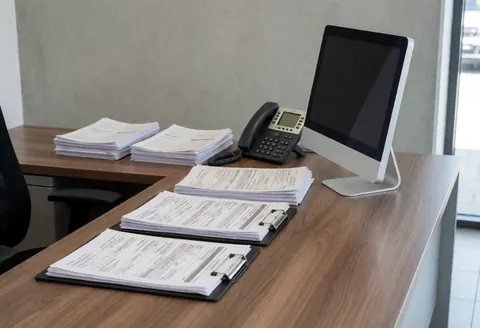 Modern office desk with documents, computer, and phone against concrete walls, suitable for vehicle sales business.