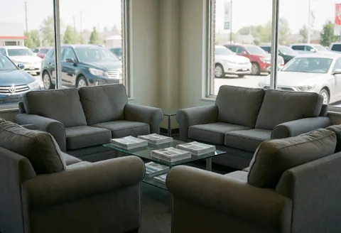Gray sofas and glass table with brochures in a quiet car dealership showroom with windows showing vehicles outside