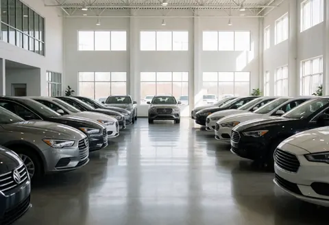 Bright interior of a car dealership featuring reflective floors, high windows, and new vehicles arranged in symmetrical rows under natural light.