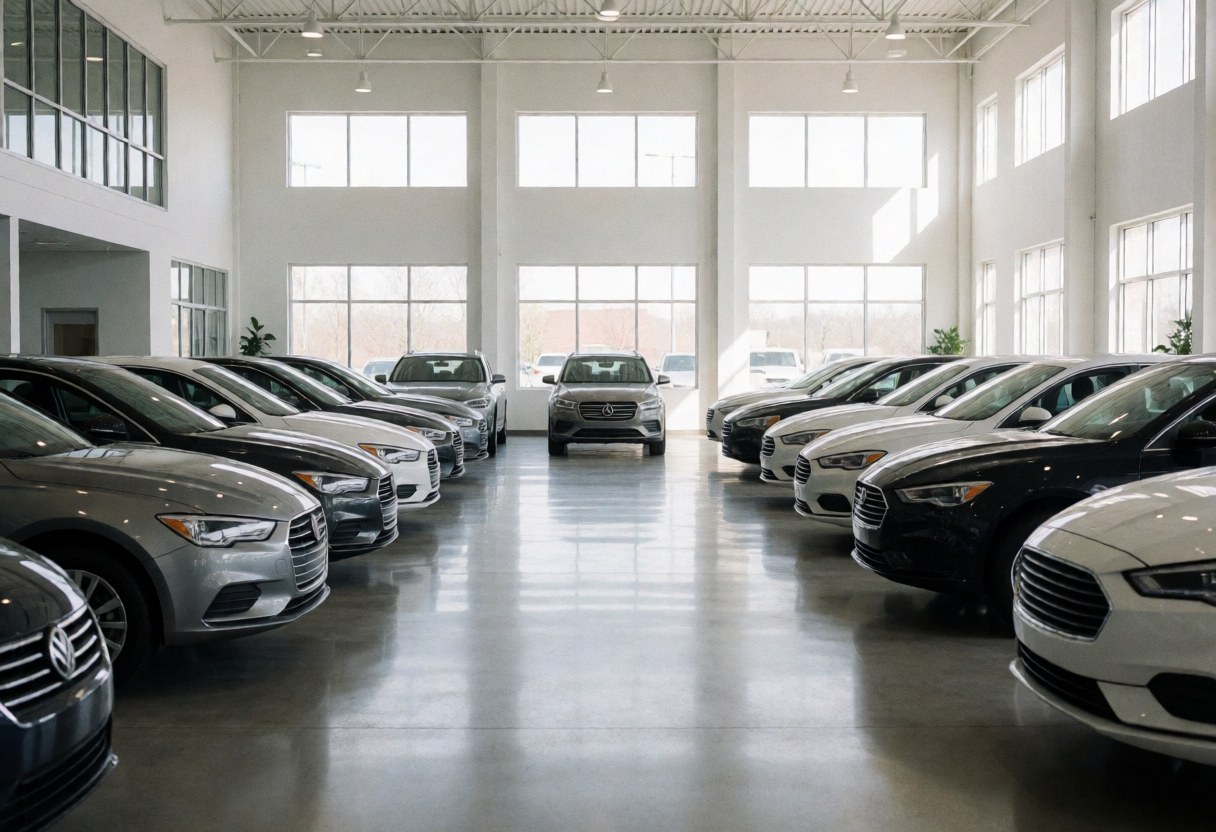 Bright interior of a car dealership featuring reflective floors, high windows, and new vehicles arranged in symmetrical rows under natural light.