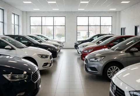 Empty showroom with white brick walls, polished floor, large windows, and ceiling lights for vehicle sales