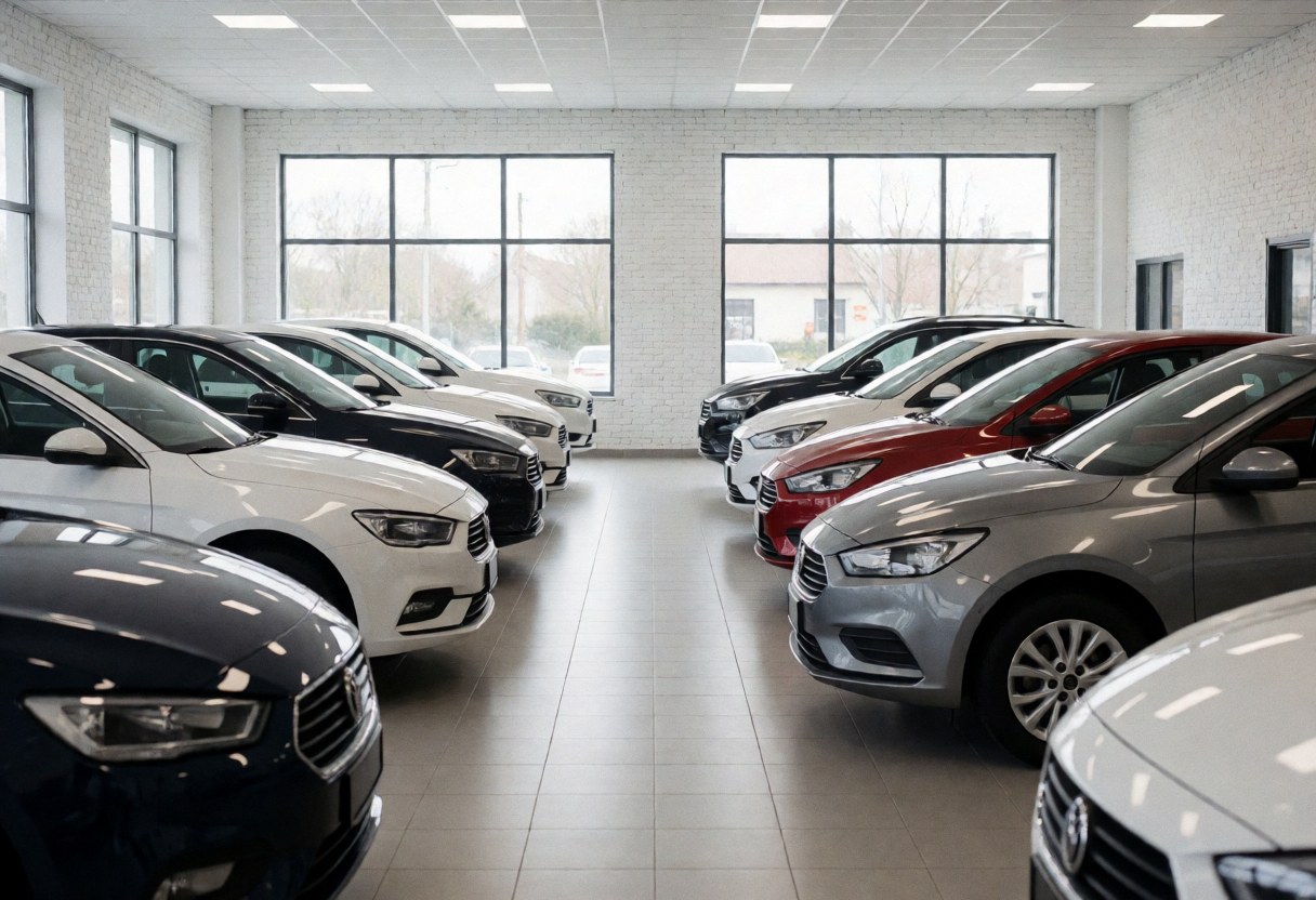 Empty showroom with white brick walls, polished floor, large windows, and ceiling lights for vehicle sales