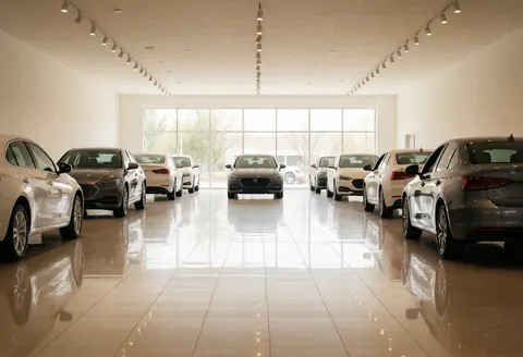 Polished floor reflecting ceiling lights in a new car showroom with large windows and natural light, creating a clean minimalist atmosphere for vehicle sales.