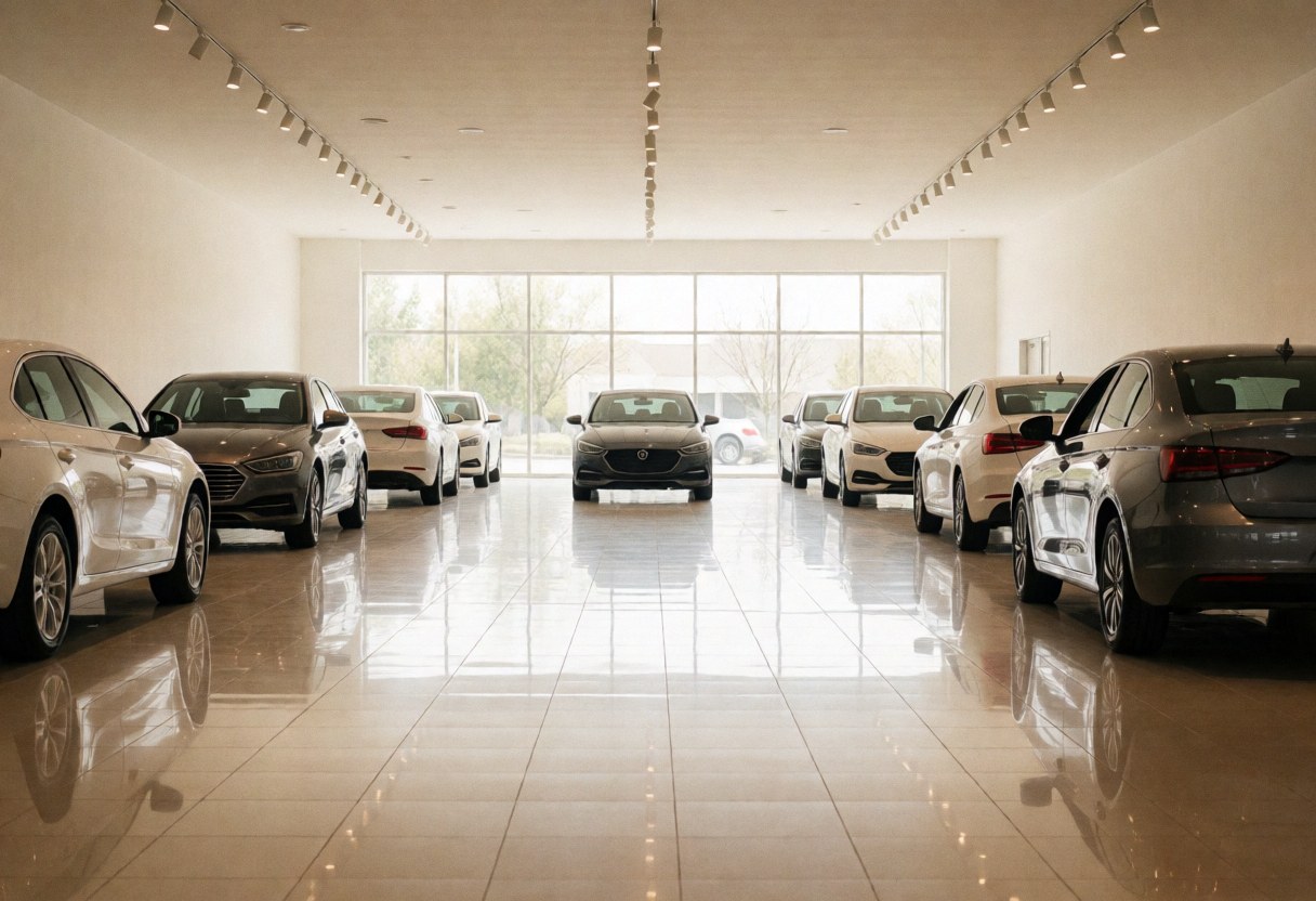 Polished floor reflecting ceiling lights in a new car showroom with large windows and natural light, creating a clean minimalist atmosphere for vehicle sales.