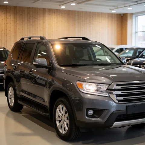 Medium gray SUV with roof rails and robust grille illuminated by warm lights in a wood-paneled showroom with blurred cars in the background
