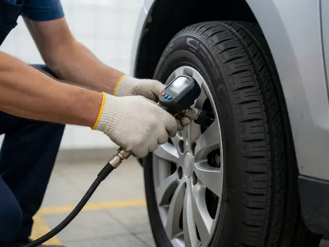 Mechanic wearing gloves uses a digital gauge to check tire pressure in a workshop with white tiled floor