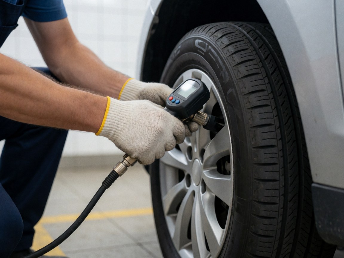 Mechanic wearing gloves uses a digital gauge to check tire pressure in a workshop with white tiled floor